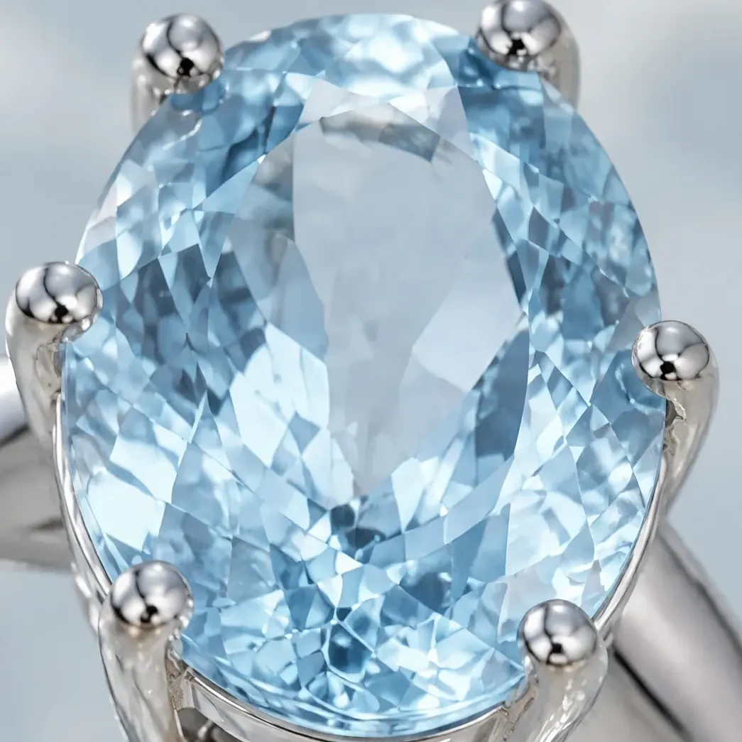 The same oval blue topaz and six prongs in an AI jewelry photography macro shot.