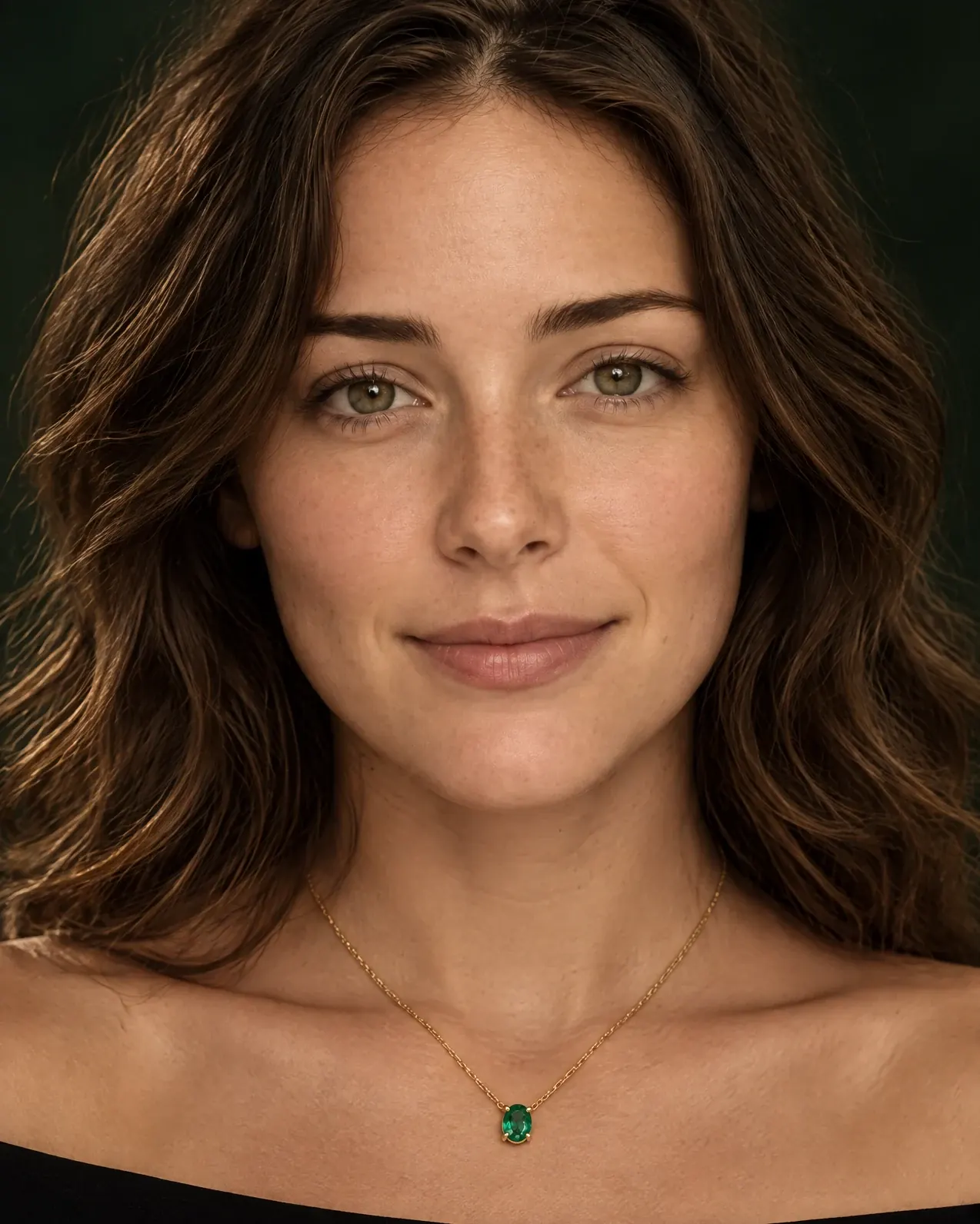 The same emerald pendant necklace worn by a model in a black off-shoulder top.
