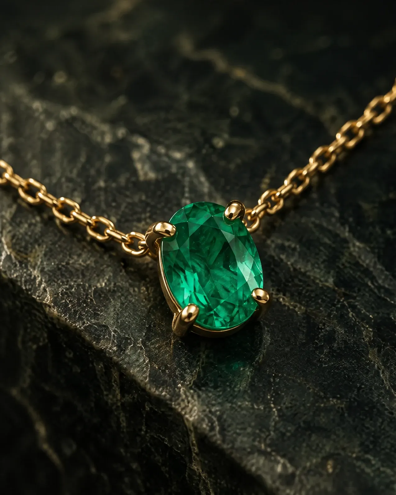An emerald pendant in gold prongs on dark velvet under a single soft light.