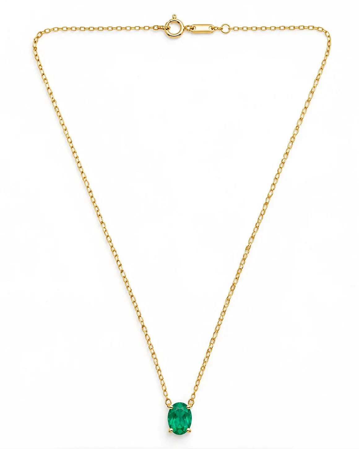 A marketplace main image: the gold emerald pendant necklace alone on a pure white background.