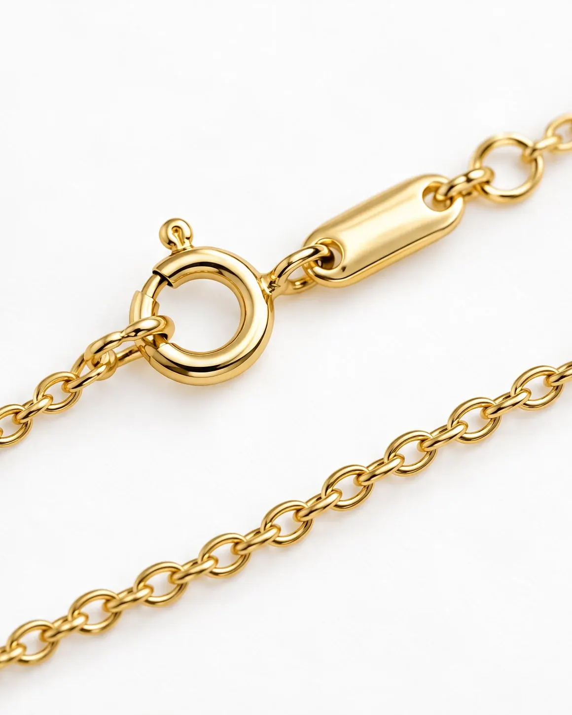 A macro detail of the necklace clasp and gold cable chain links on white.