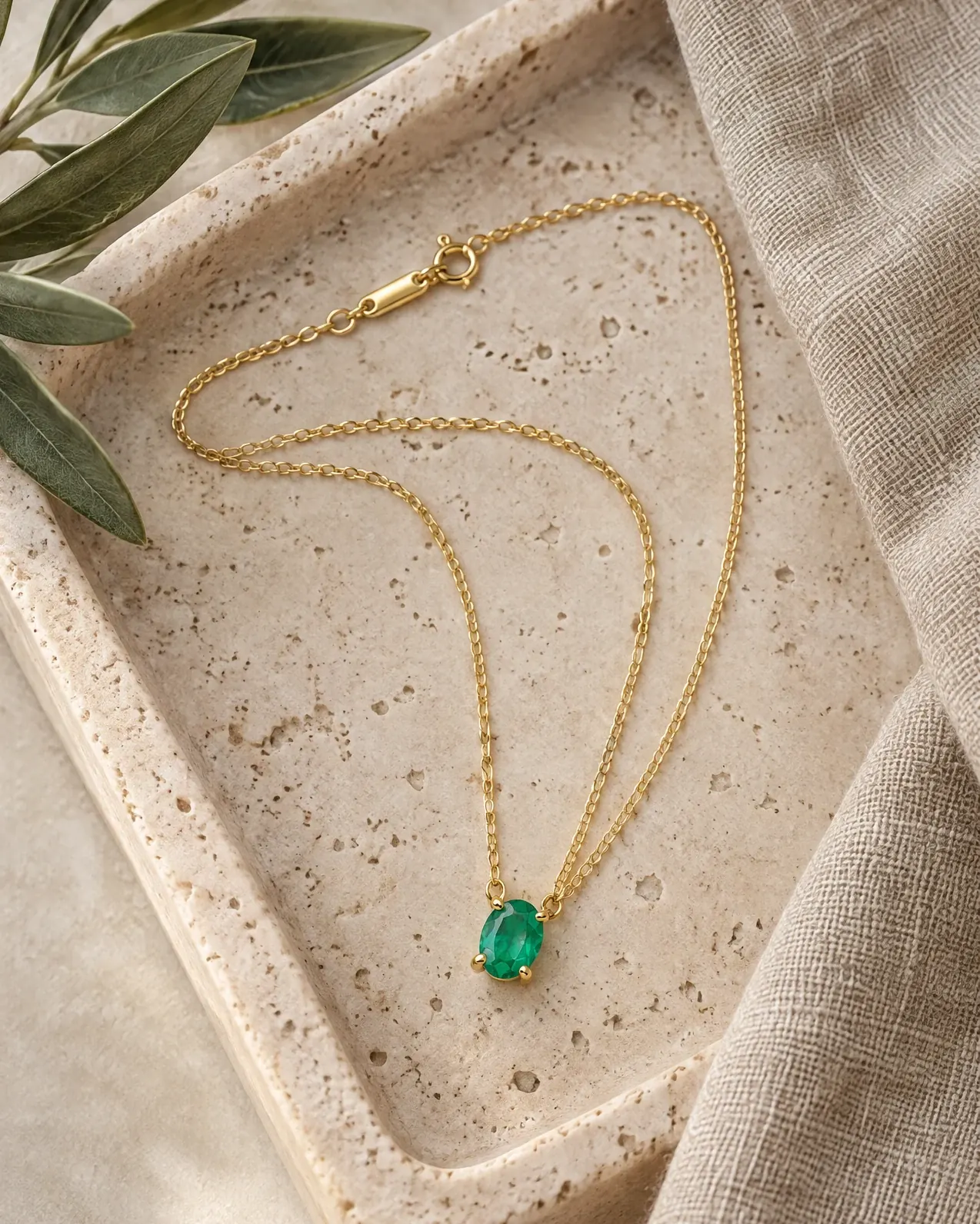 The emerald necklace coiled on a travertine tray beside an olive sprig in soft daylight.