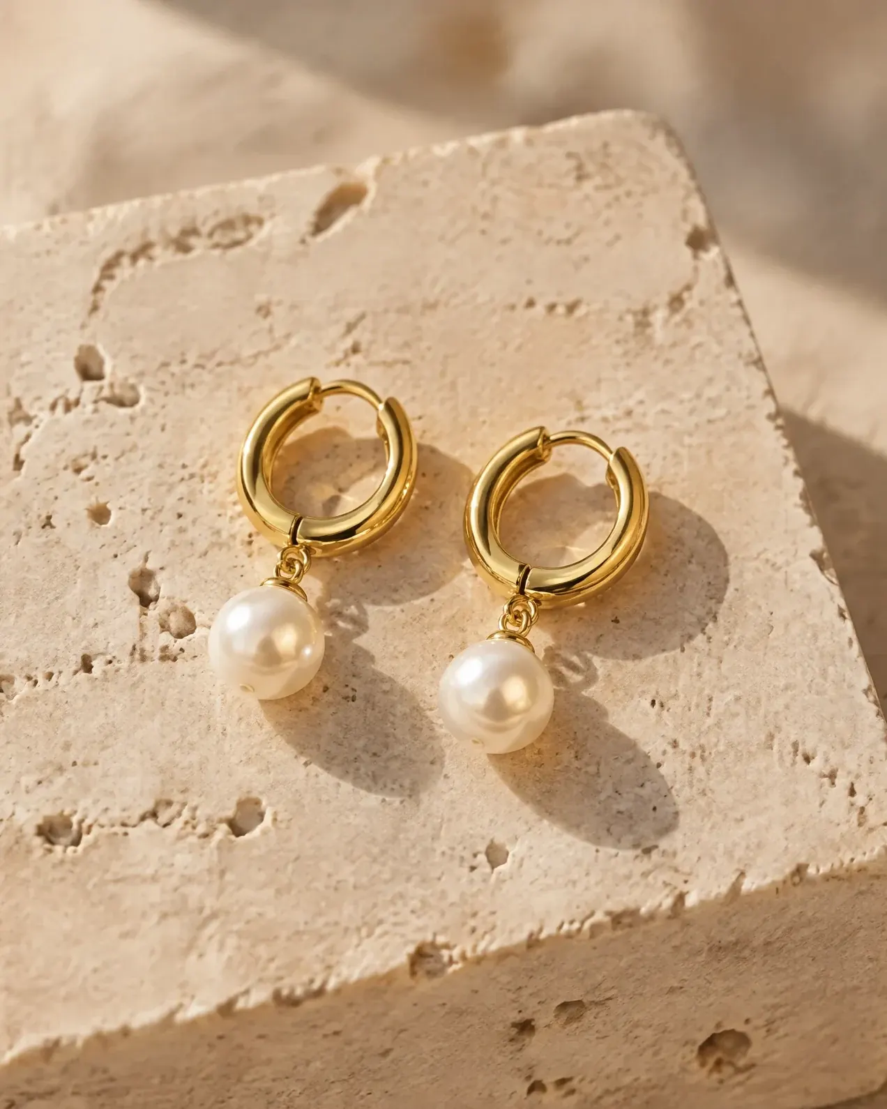 Gold pearl huggie earrings on travertine in warm daylight.