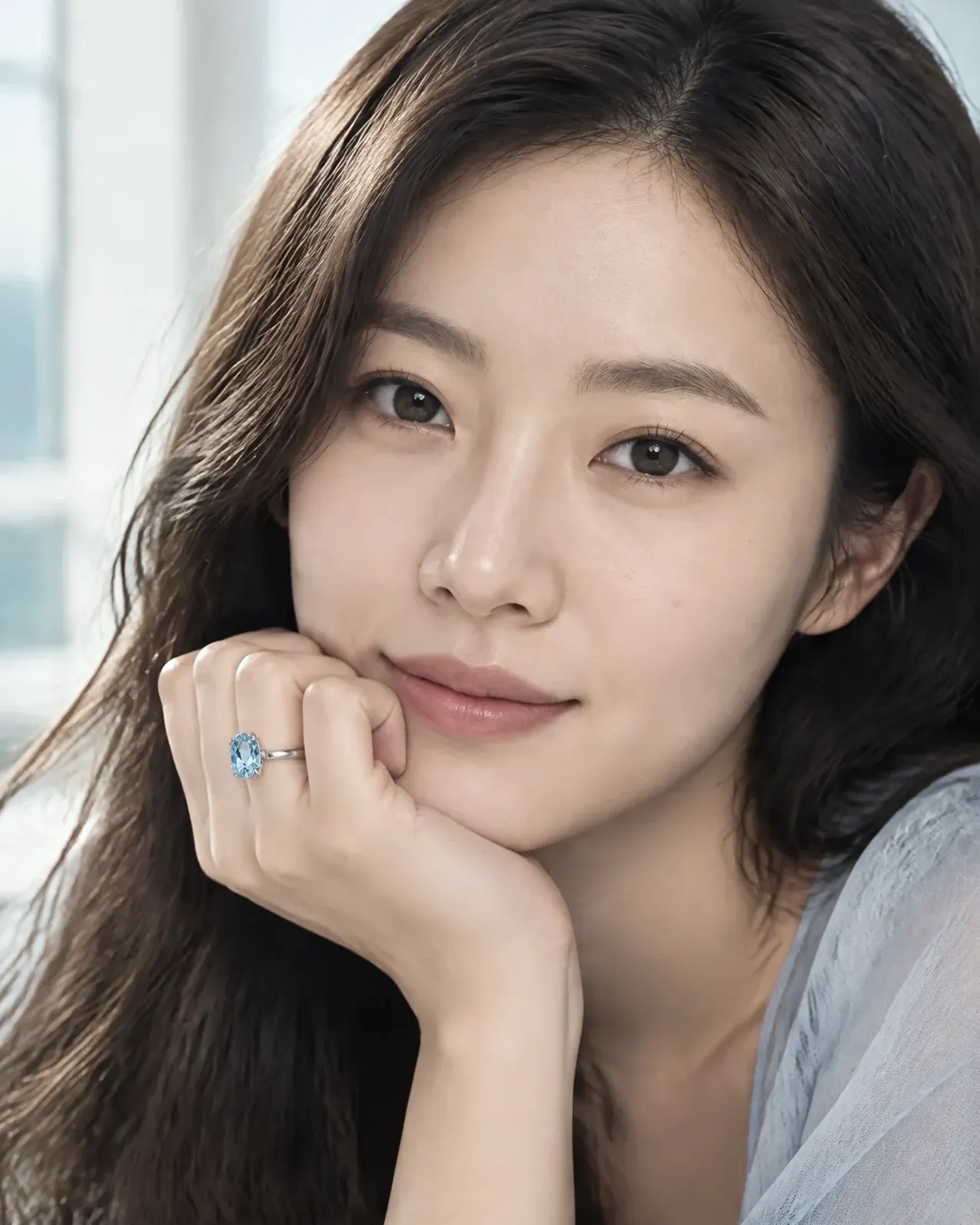 The same blue topaz ring worn by a model resting her chin on her hand.