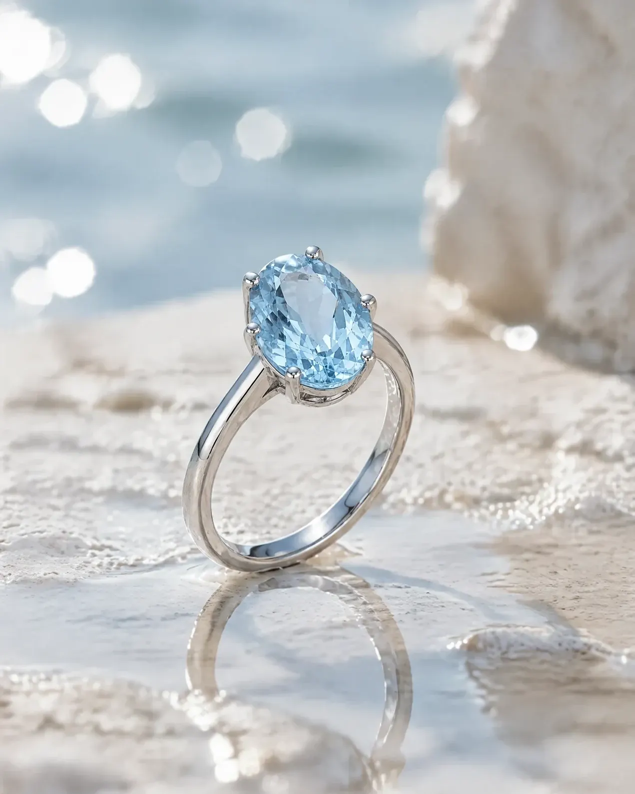 AI jewelry photography of a silver blue topaz ring standing on wet limestone.