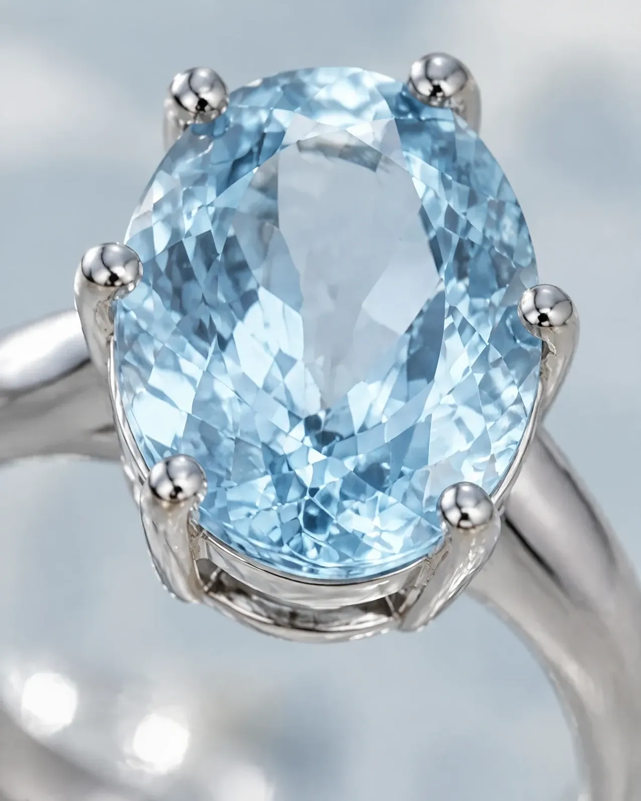 A blue topaz in a silver setting photographed close up in cool, clean light.