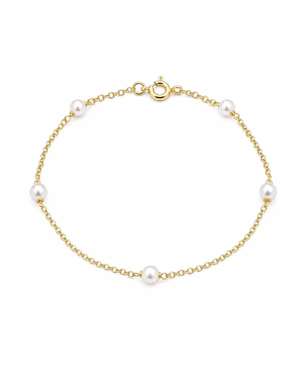 The packshot it was made from: the gold chain and pearl bracelet laid flat on white.