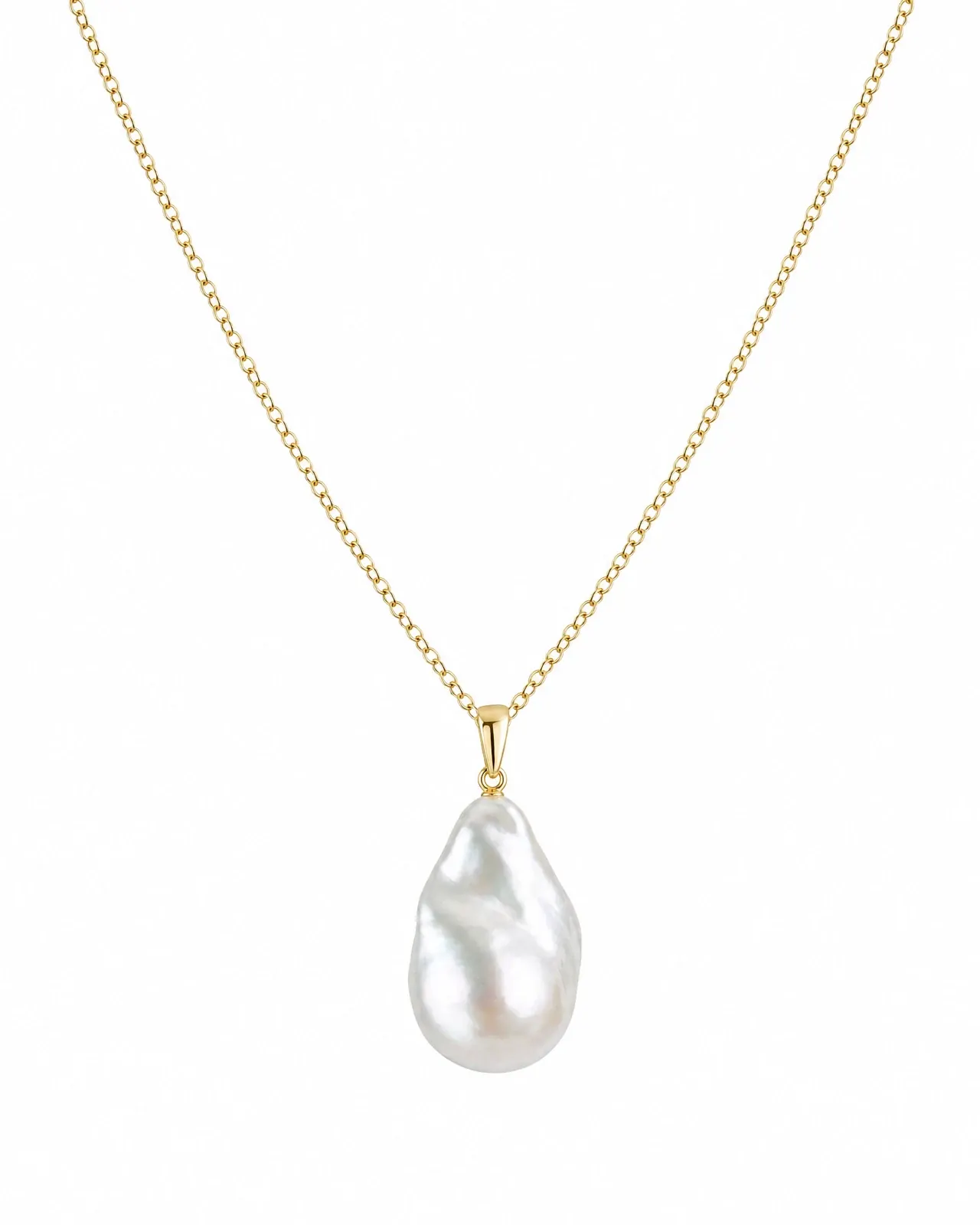 The packshot it was made from: the baroque pearl pendant on its gold chain, on white.