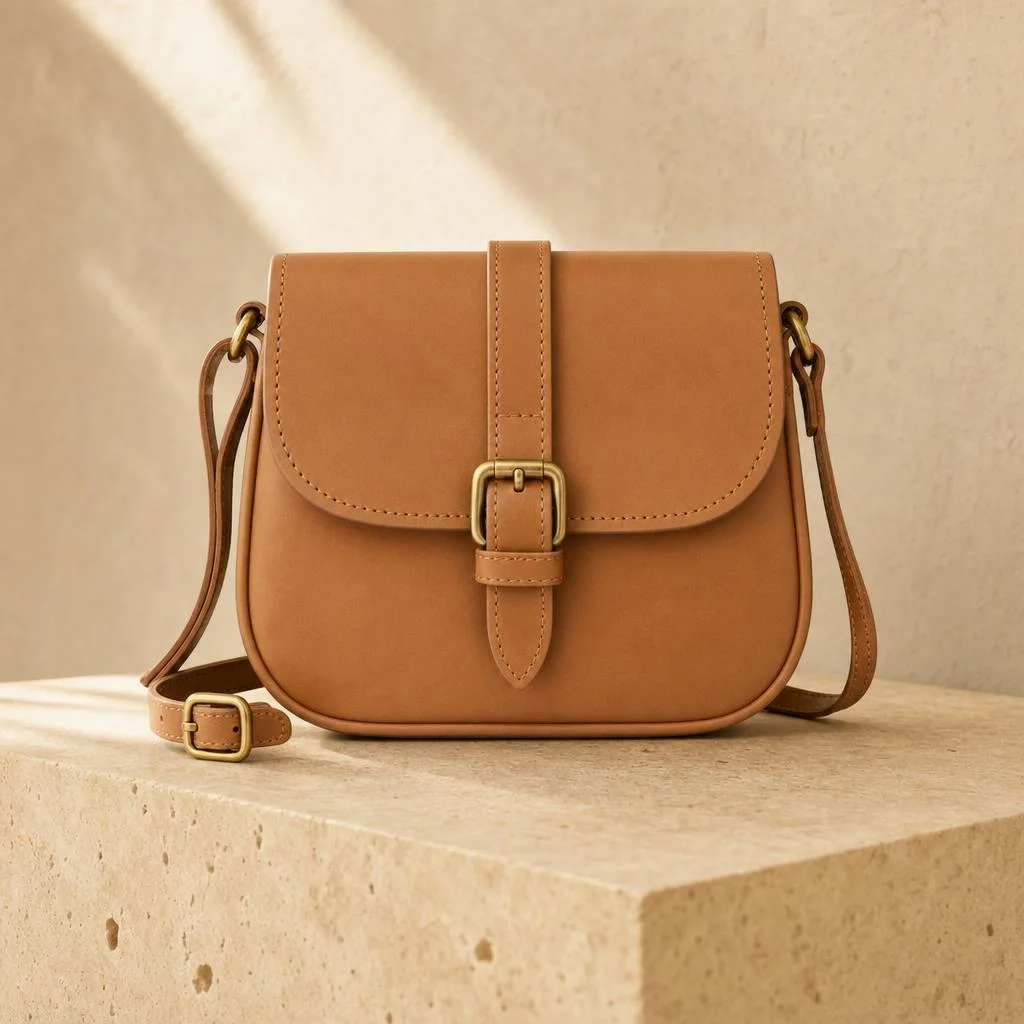 The tan leather bag on a travertine pedestal in warm morning light