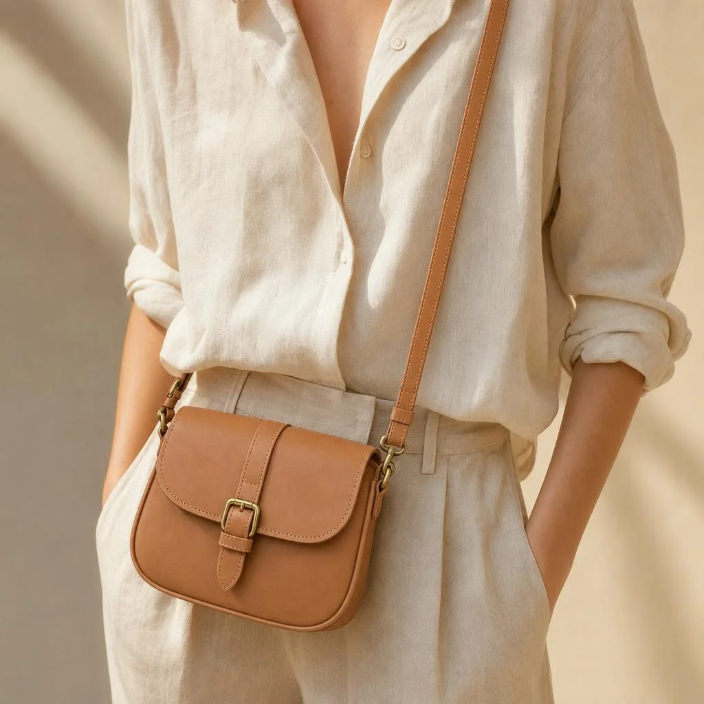 The tan leather bag worn crossbody over a cream linen outfit