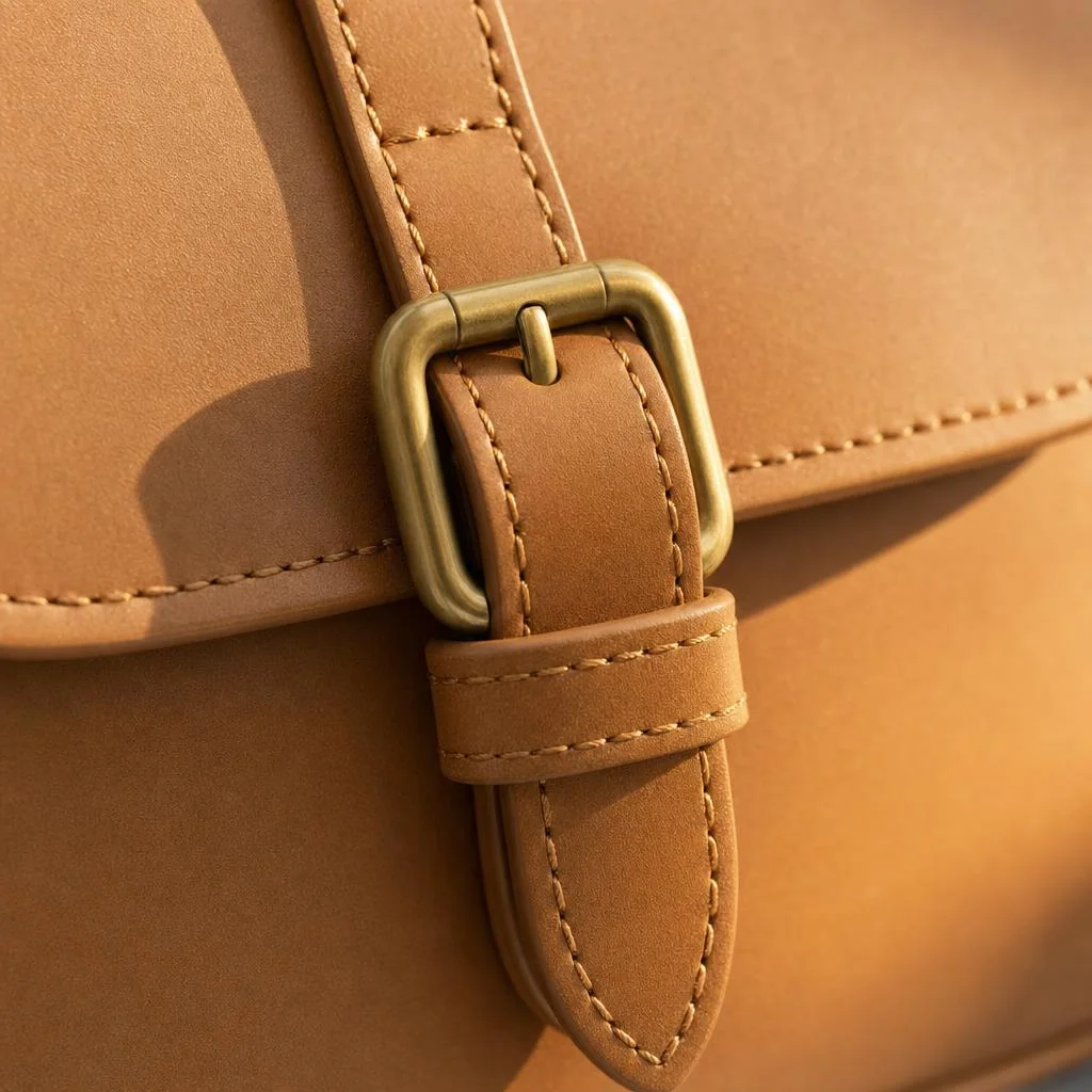 A macro shot of the tan leather bag buckle in warm light