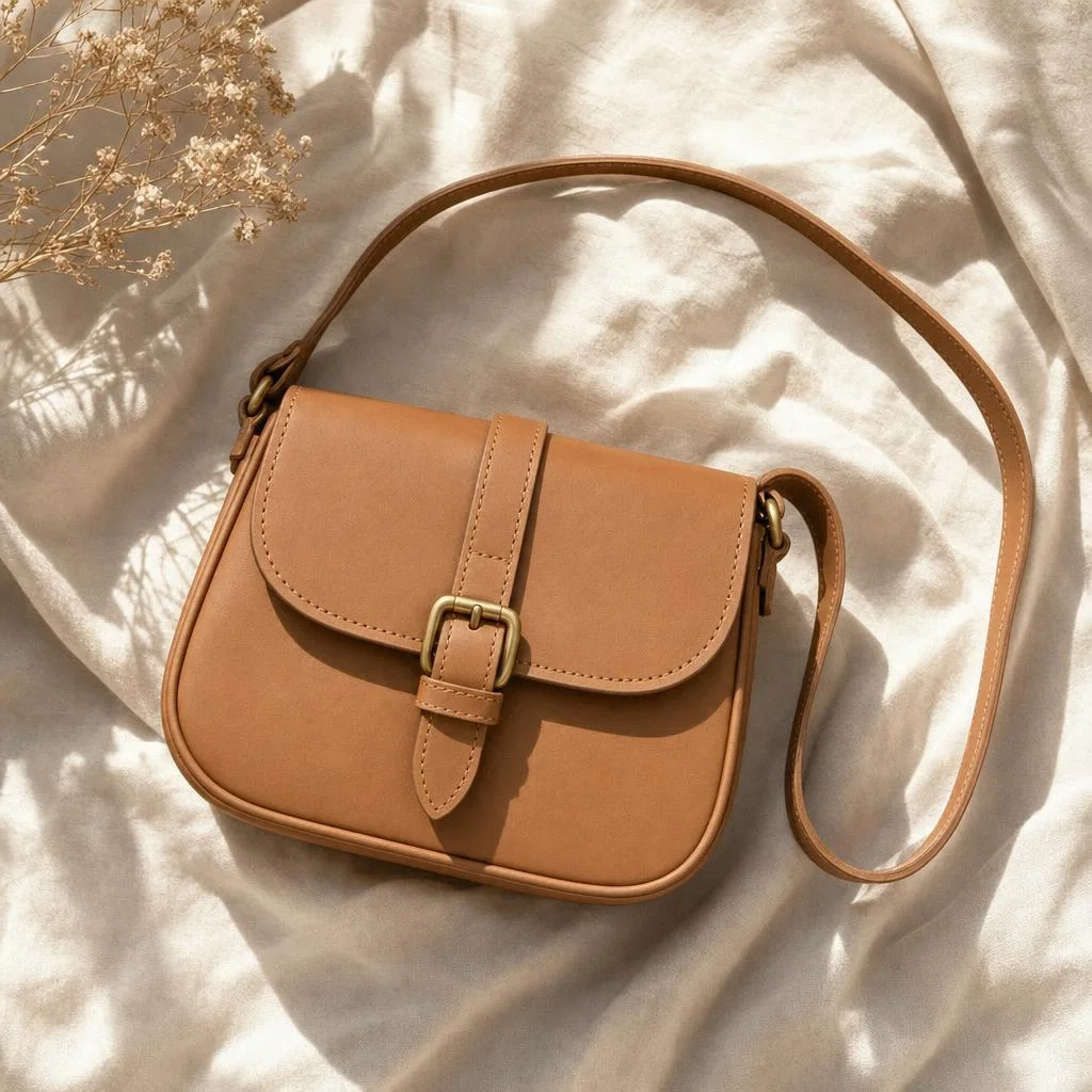 The tan leather bag flat on cream linen, photographed overhead
