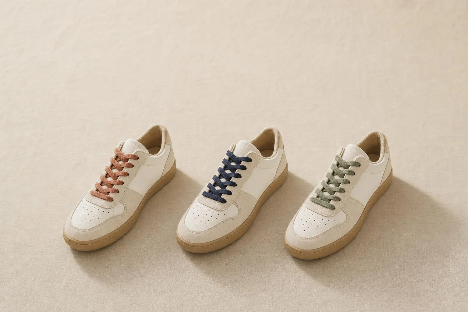 Three identical sneakers at a diagonal, only the laces in different muted colors.