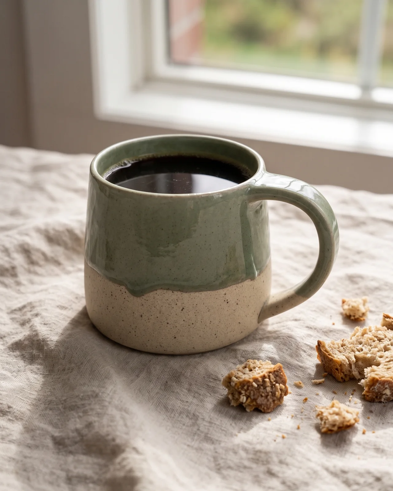 The stoneware mug full of coffee on oat linen by a sunlit window.