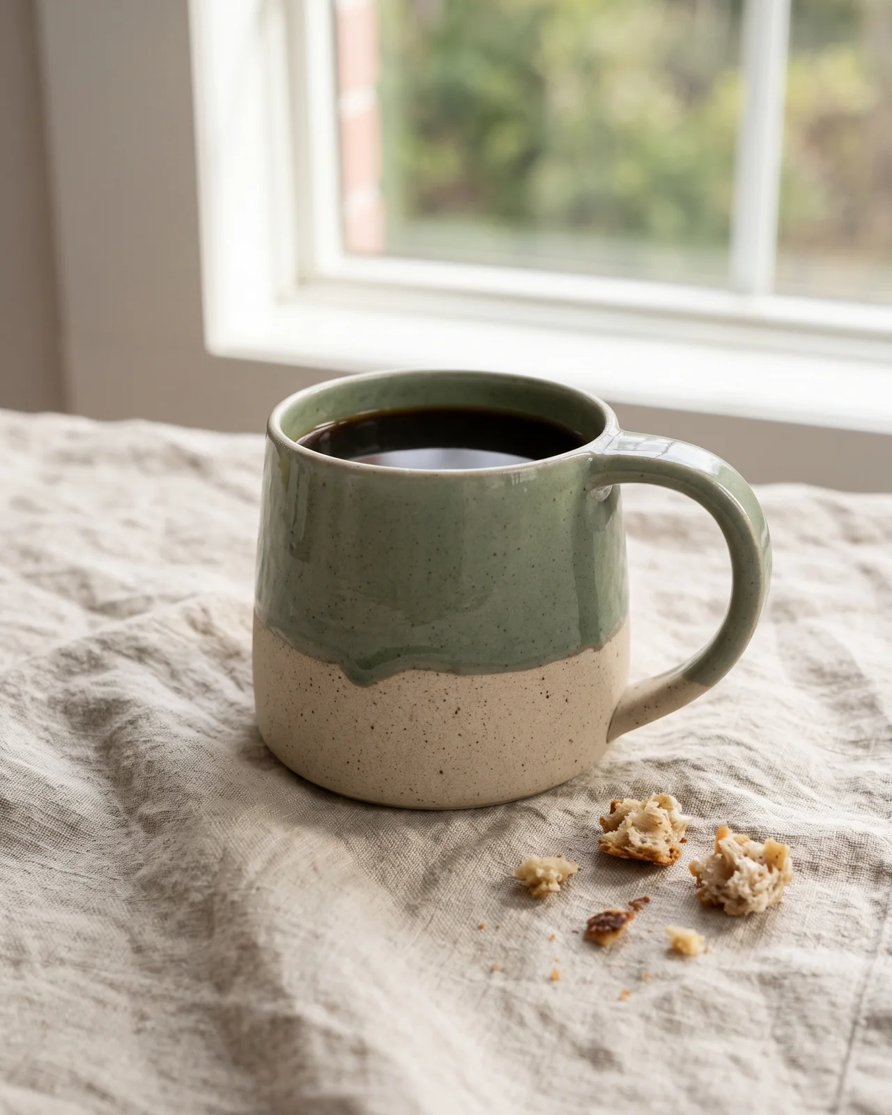 The sage glazed mug with coffee and a few crumbs on linen in soft morning light.