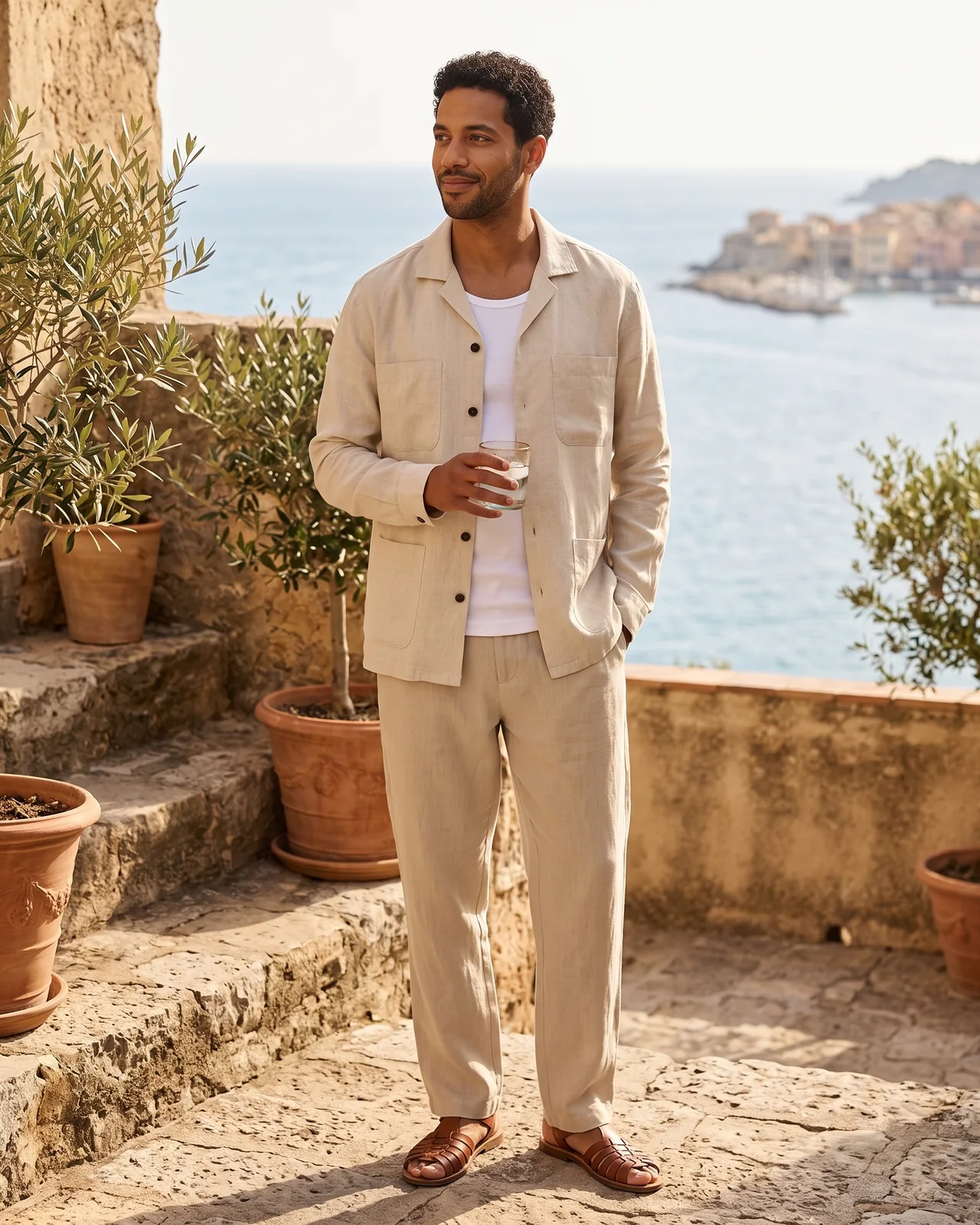 Claude AI product photography of an ecru linen overshirt worn by a man on a sunny terrace by the sea.