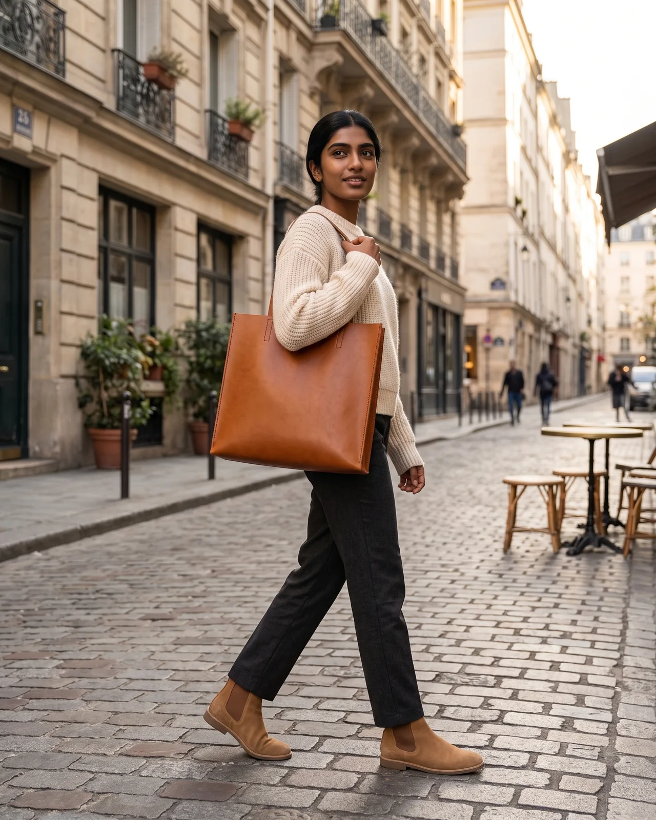 Claude AI product photography: a model carries the cognac leather tote on a cobbled Paris street.