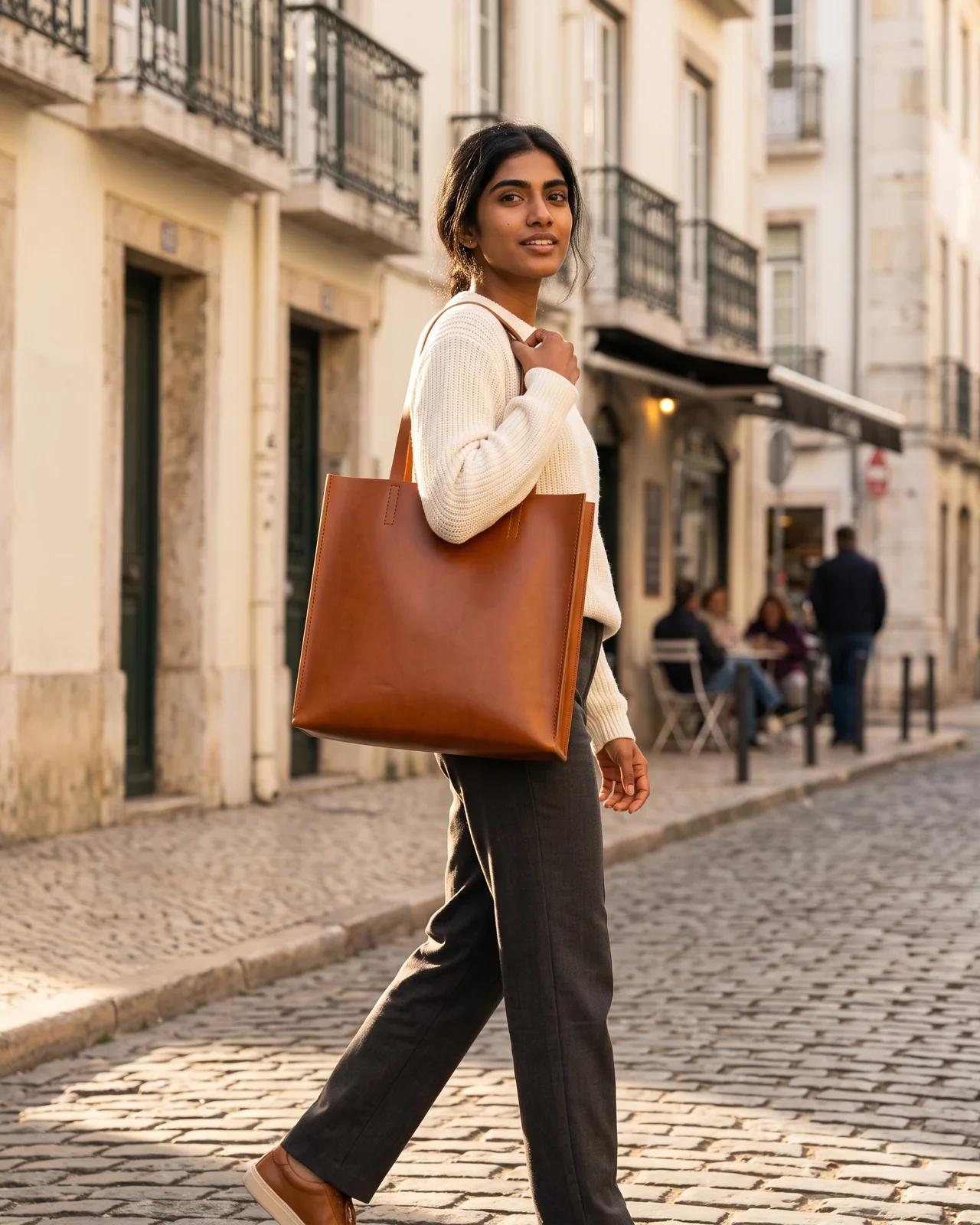 The same cognac leather tote over a model’s shoulder as she walks past a Paris café.