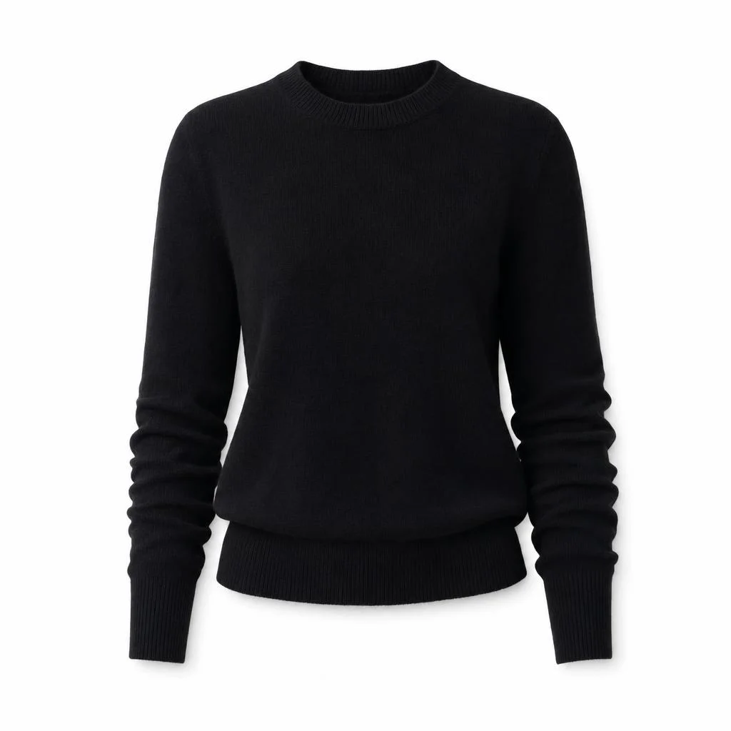 A black cashmere crewneck sweater on a white background.
